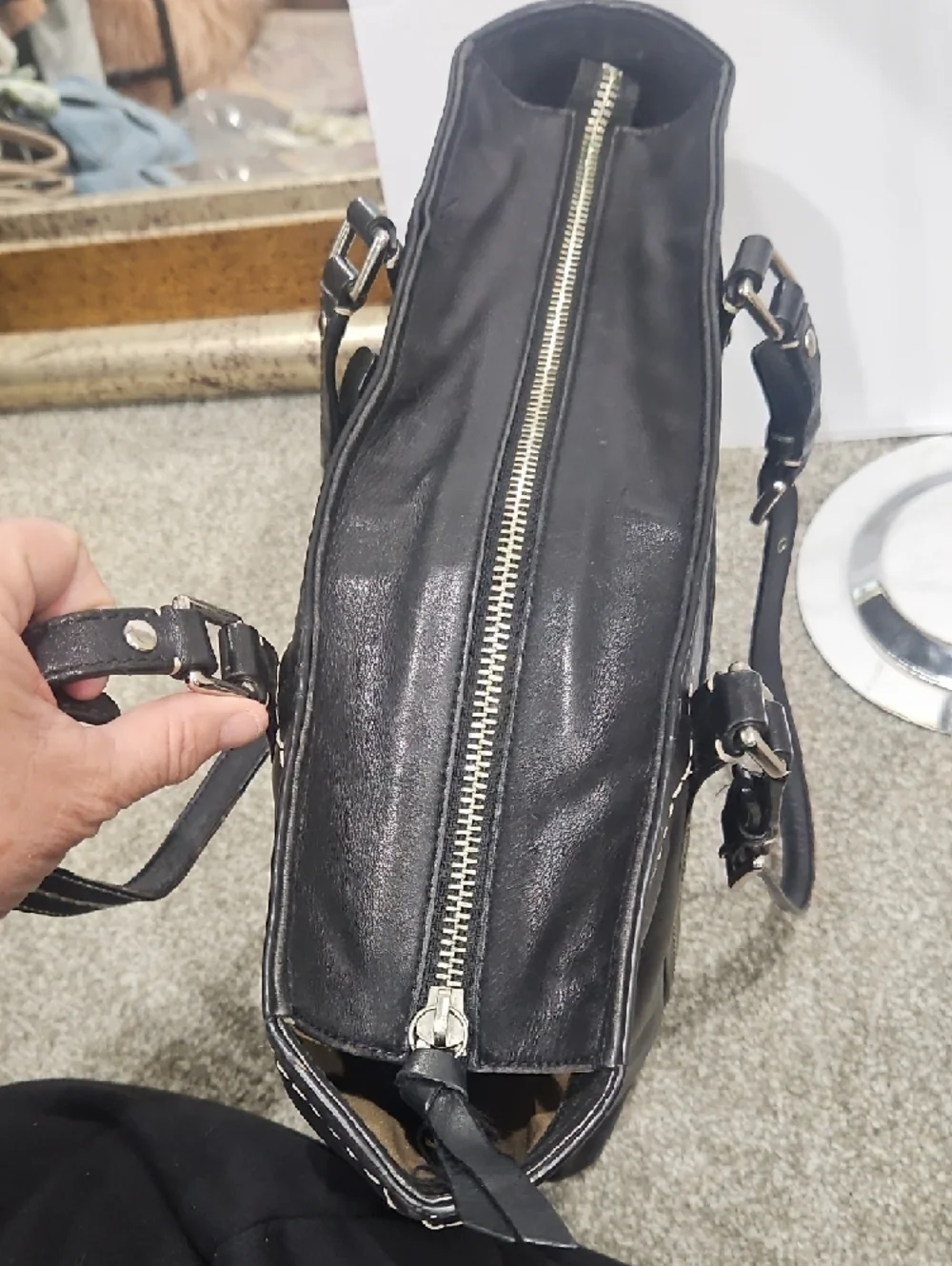 Coach Hampton Black Leather Tote with Contrast Stitching and Buckle Straps - Picture 5 of 13
